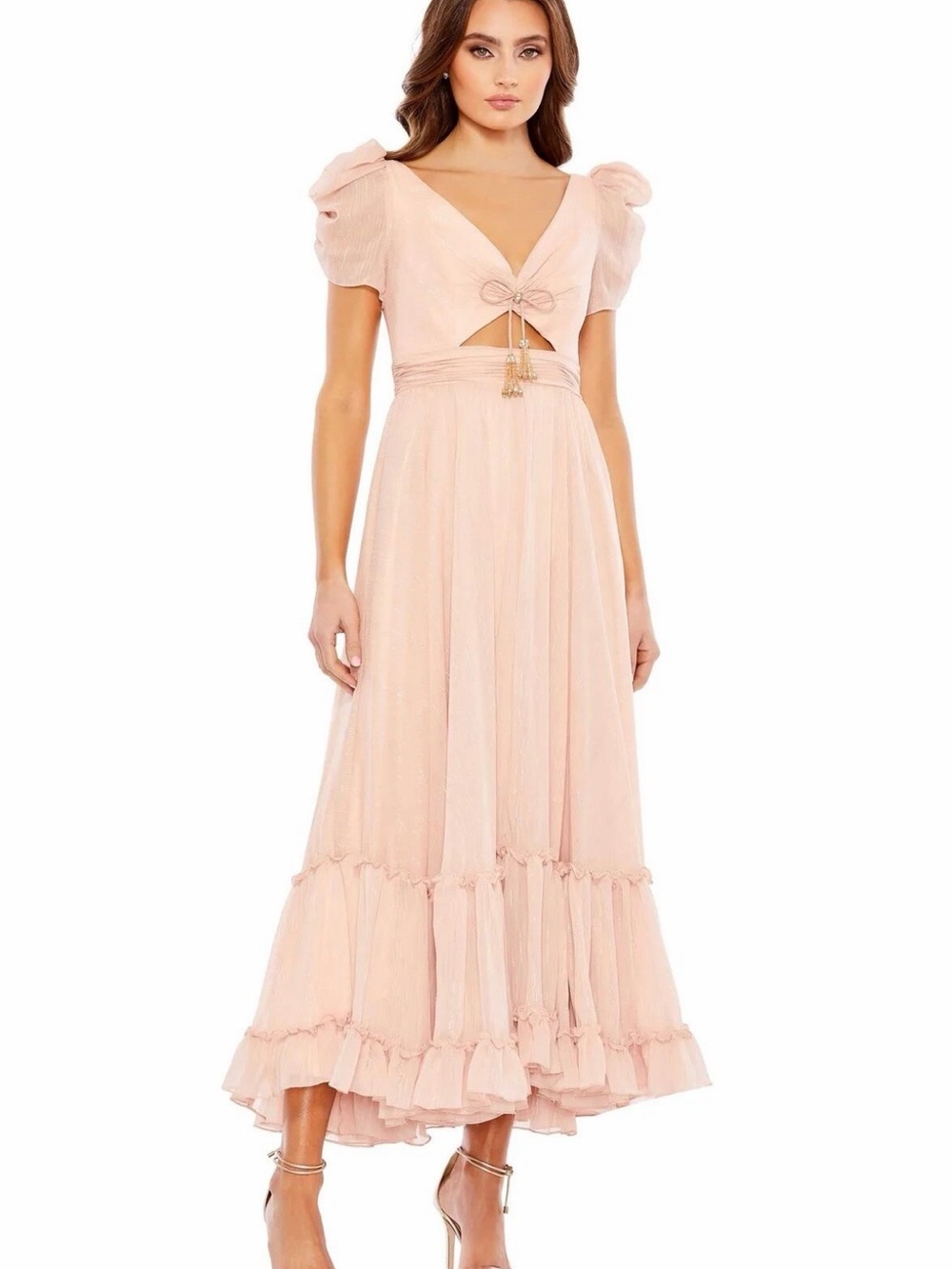 Mac Duggal Blush Pink Midi Dress with Tie Front & Ruffle Hem